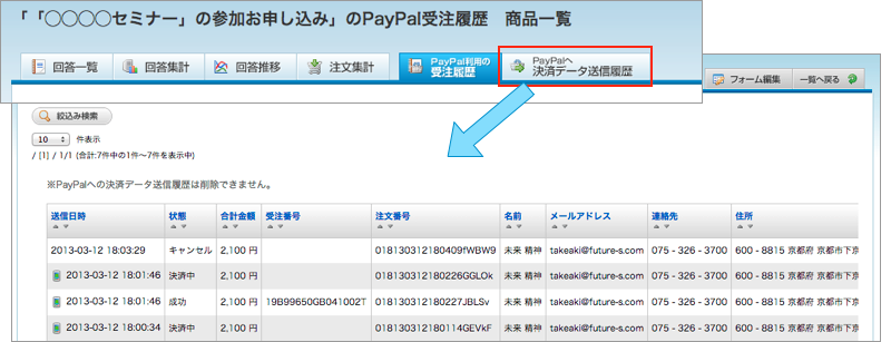 PayPalへ決済データ送信履歴